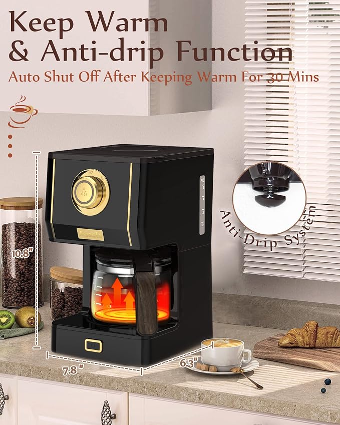 Amaste Coffee Maker, 25 Oz Drip Retro Style Coffee Machine with Glass Coffee Pot with Reusable Coffee Filter & Three Brewing Modes, Warming Plate, CM 1003AE-Black - Image 7