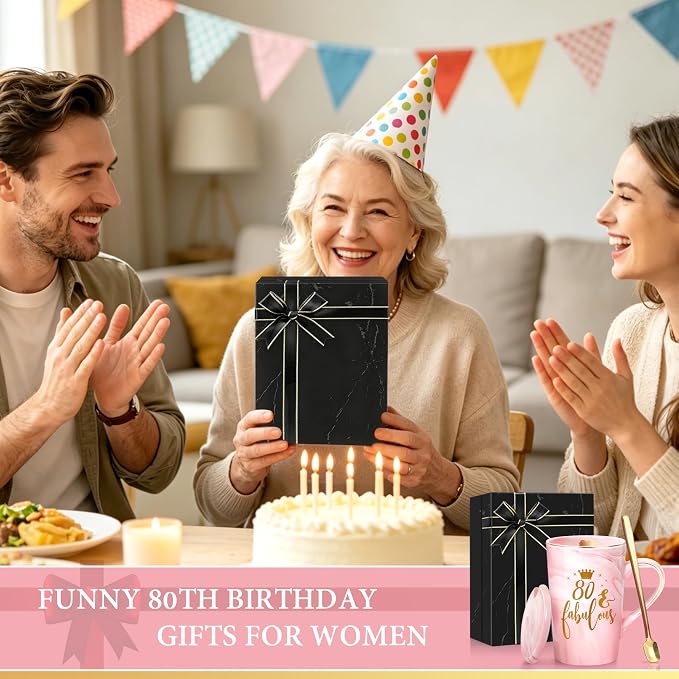 80th Birthday Gifts for Women, Best Gifts for 80 Year Old Grandma, Mom, Sister, Friend, Fabulous 80, 1946 Birthday Gifts for Women, 14oz Pink Marble Coffee Mug with Crown Gold Print & Gift Box - Image 8