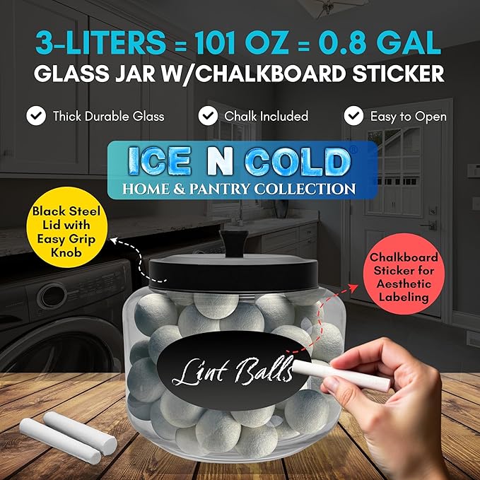 Kitchen and Laundry Storage Glass Jar β Wide Mouth Round Glass Storage Container with Black Steel Lid and Chalkboard Label - 2 Sticks of Chalk Included (1, 3L | 101oz | 0.8 Gallon)