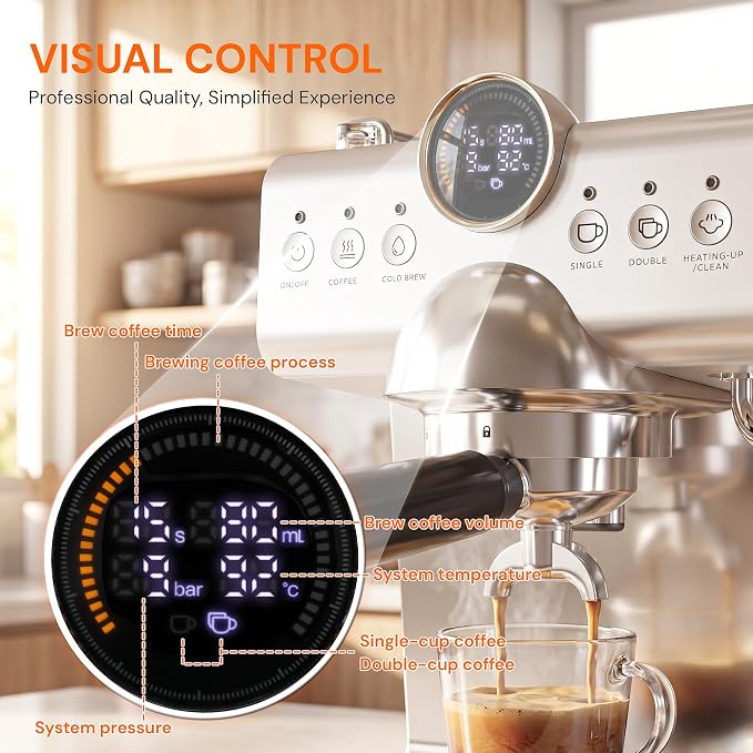 Kismile Espresso Machine with Milk Frother, 20Bar Hot & Cold Brew Semi-Automatic Expresso Coffee Machine with Single & Double Shot, LED Display for Home Barista Latte and Cappuccino - Image 8