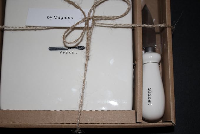 Rae Dunn SERVE and SLICE Cheese Board and Cheese Slicer 2 piece set in typeset letters in Gift Box. By Magenta. - Image 2