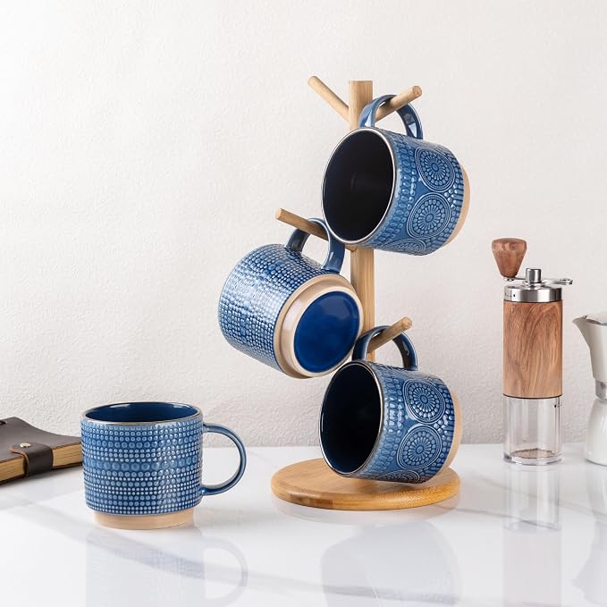 GBhome 16OZ Stackable Coffee Mugs, Ceramic Coffee Mugs with Texture Patterns for Man,Woman,Dad,Mom, Modern Coffee Mugs Set of 4 for Latte/Cappuccino/Cocoa. Dishwasher&Microwave Safe - Image 7