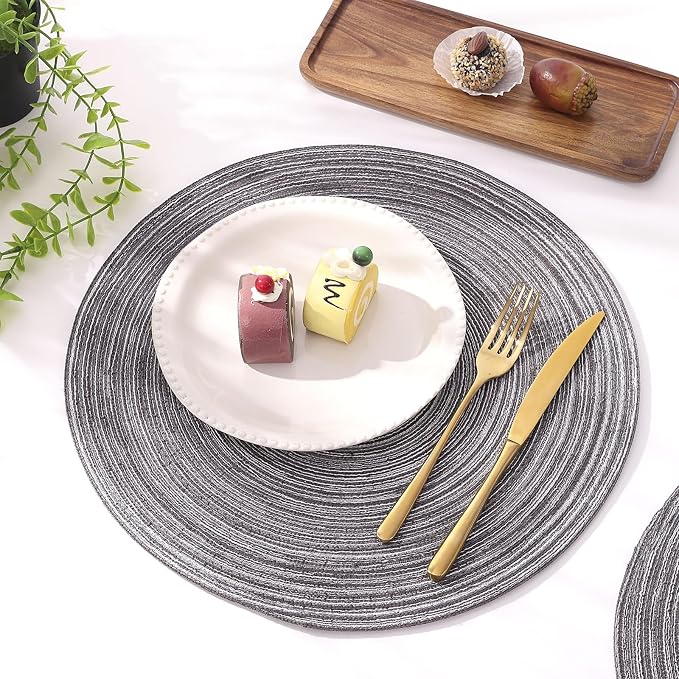 SHACOS Round Braided Placemats Set of 6 Round Table Mats 15 inch Cotton Washable for Holiday Party (Black Grey, 6) - Image 9