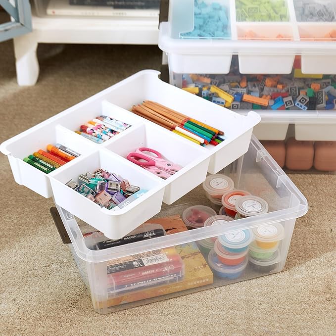 17 QT Plastic Storage Box with Removable Tray Craft Organizers and Storage Clear Storage Container for Organizing Bead, Tool, Sewing, Playdoh (White, 1Pack-17QT)