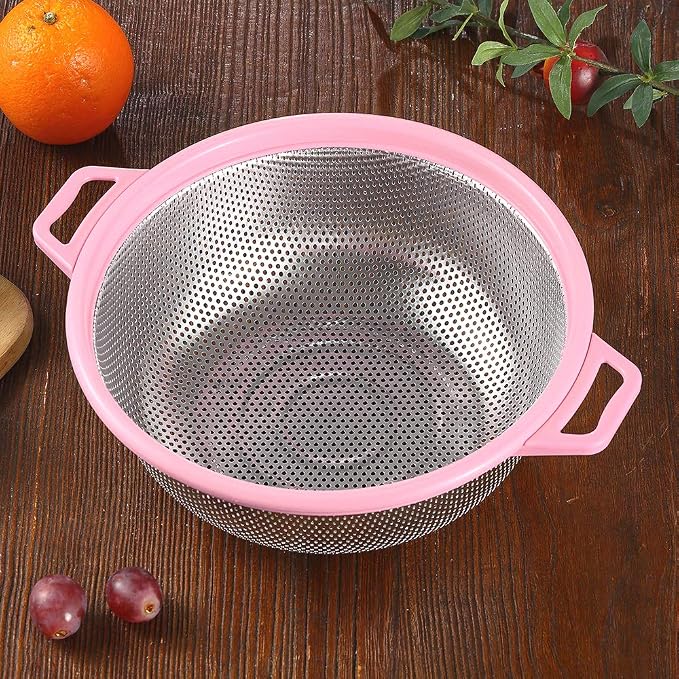 HiramWare Stainless Steel Colander With Handle and Legs, Large Metal Pink Strainer for Pasta, Spaghetti, Berry, Veggies, Fruits, Noodles, Salads, 5-quart 10.5” Kitchen Mesh Colander, Dishwasher Safe - Image 7