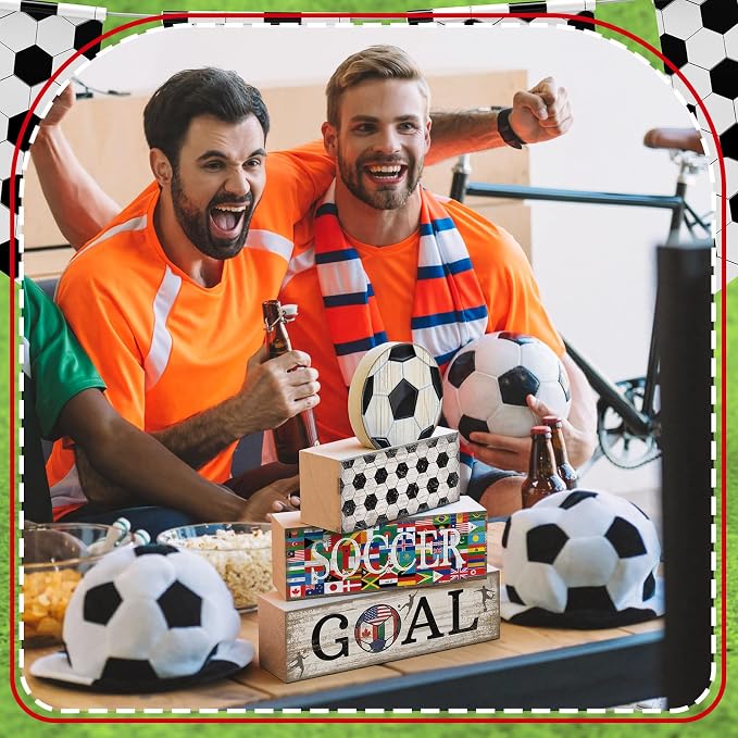 Moucuny 4 Pcs Soccer Table Decor Wooden Sport Tiered Tray Decor National Flags Table Centerpiece Decorative Classic Soccer Block Signs Gift Farmhouse Sports Decoration for Home Kitchen Shelf - Image 7