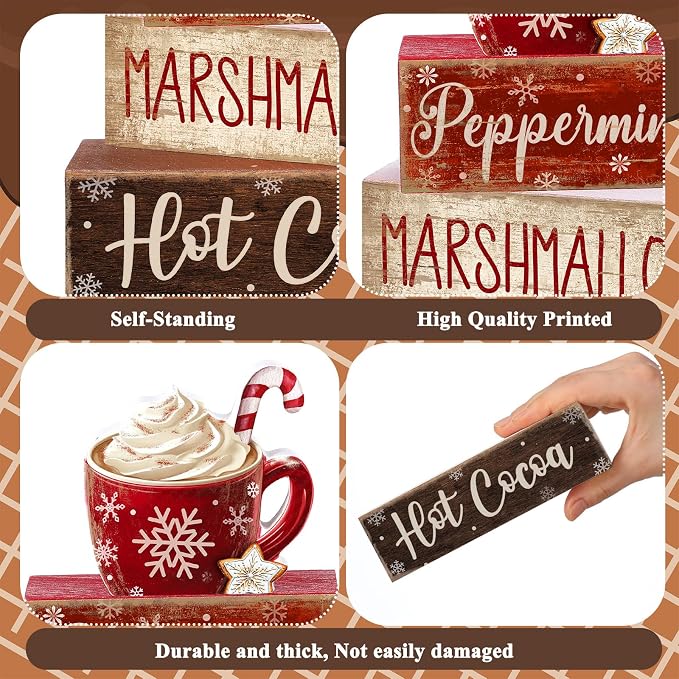 Moucuny 4 Pcs Christmas Table Decor Wooden Hot Cocoa Decoration Christmas Centerpiece Winter Tiered Tray Decor Decorative Red Hot Cocoa Block Signs Farmhouse Xmas Decoration for Home - Image 6