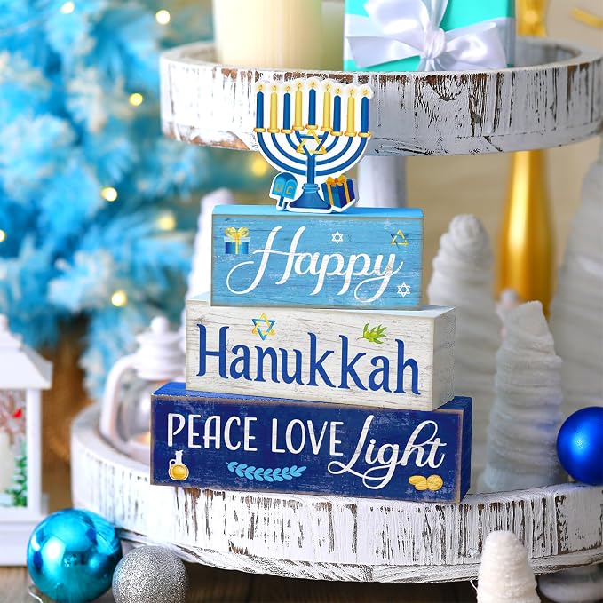 Moucuny 4 Pcs Hanukkah Decorations for Home Chanukah Table Decor Wooden Menorah Decoration Hanukkah Centerpiece Rustic Decorative Menorah Block Signs Gift Farmhouse Jewish New Year Decoration for Home - Image 6