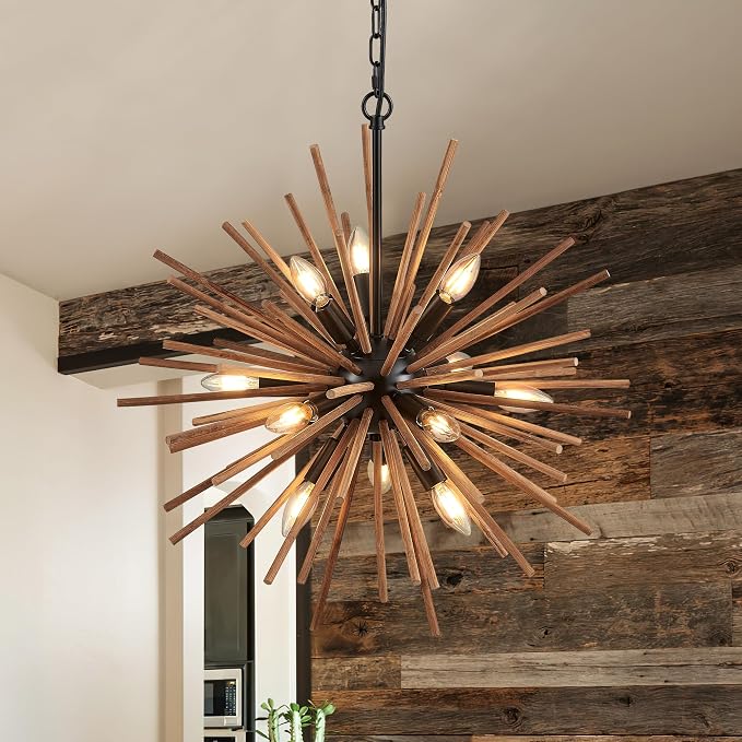 23.6" Farmhouse Sputnik Chandelier for Dining Room Rustic Handmade Natural Wood 12-Light Hanging Ceiling Pendant Light Fixture Starburst Wood Chandeliers for Kitchen Bedroom Foyer Hallway - Image 9
