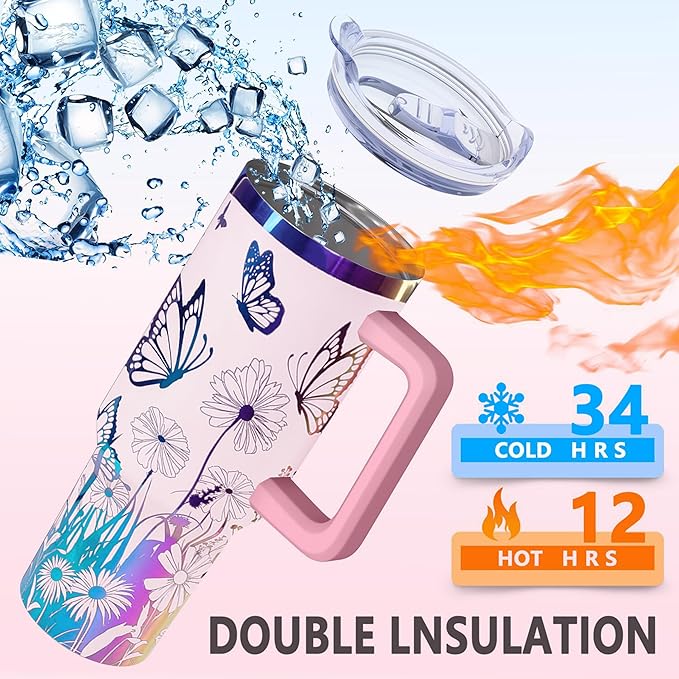 40 oz Butterfly Laser Engraving Tumbler With Handle With Lid Straw Double Insulated Travel Coffee Cup Butterfly Travel Accessories Must Have Gifts For Women