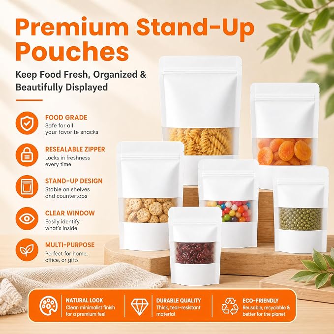 100 Pcs White Kraft Paper Bags with Window, 7.1" x 10.2" Stand Up Pouches Bags, Food Storage Bags for Packaging Products, Reusable, Sealable - Image 7