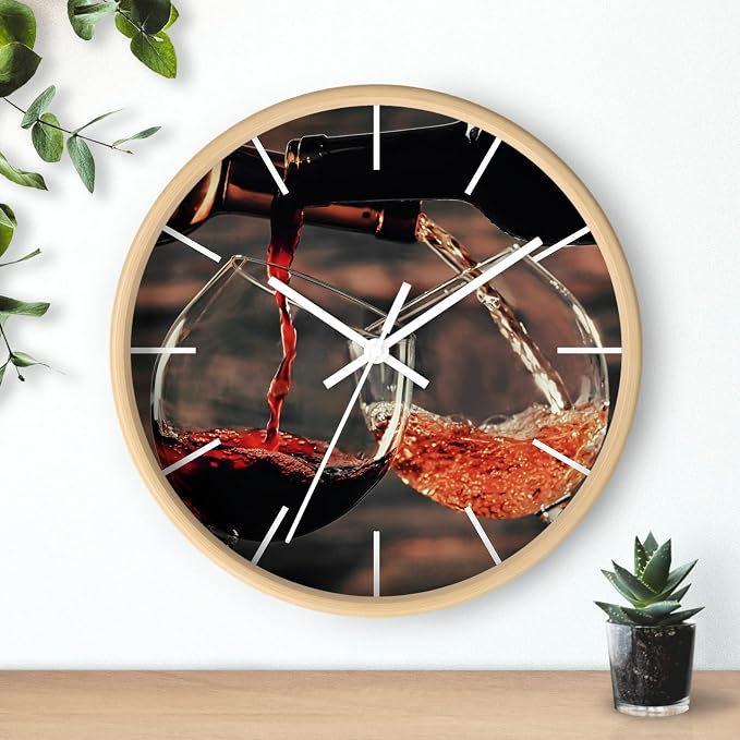 Mozingo ~ Wine Clock for Kitchen Bar Wall It's Wine O'clock Silent Time Gift Home Decor Made In USA, 10" (Hour Marks - Lines, Clock Frame Color - Natural Wood, Wine Theme #01) - Image 3