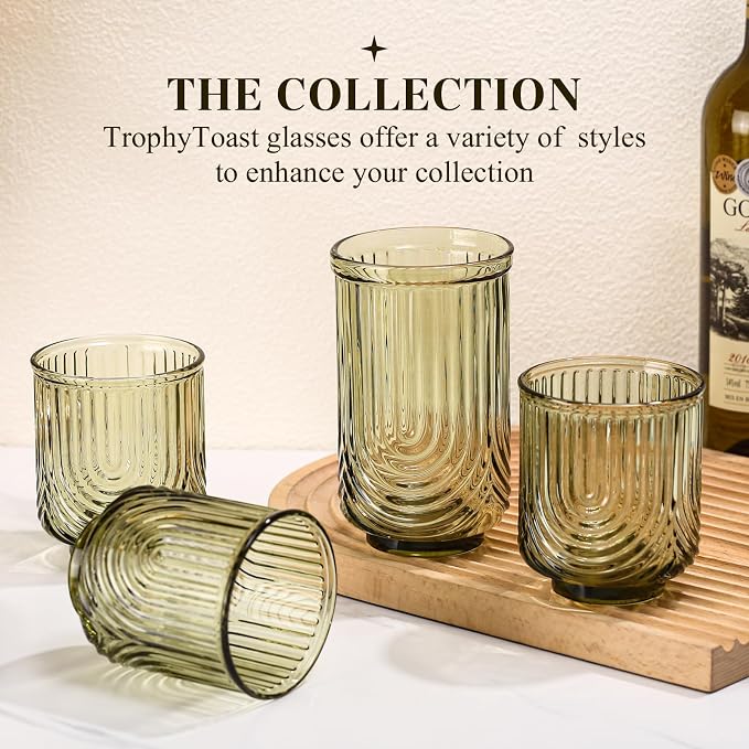 Green Vintage Drinking Glasses Set of 6-17oz Hand-Blown Highball Ribbed Glassware, Arch Design Cocktail Glasses for Whiskey Water Beverages Ice Coffee Juice Milk - Image 7