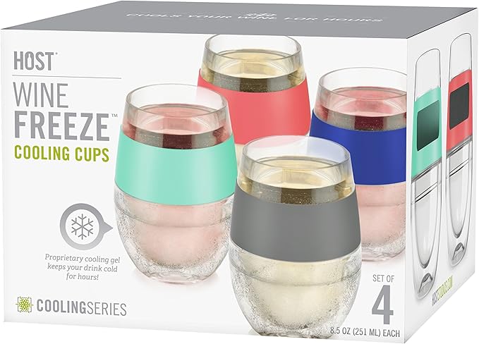 HOST Cooling Cup Set of 4 Plastic Double Wall Insulated Freezable Drink Chilling Tumbler with Freezing Gel, Wine Glasses for Red and White Wine, 8.5 oz, Assorted Colors