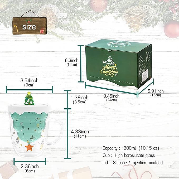 2 Pack Christmas Mugs, Double Walled Borosilicate glass mug set with Snowflake Lid, Cute Mugs for Hot Cocoa and Coffee, 300ml Christmas tree mugs Holiday Gifts for Family, Friend
