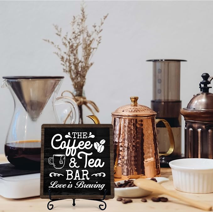 Coffee Bar Sign, Love is Brewing Farmhouse Tabletop Decor, Coffee and Tea Lover Gifts, 5x5 Wood Plaque with Iron Stand for Home Kitchen Cafe, Coffee Bar Decor โ L05 - Image 7