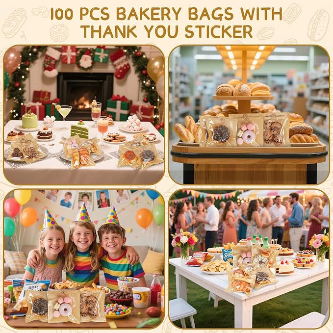 SUREHOME Paper Sandwich Bags 100 Pcs 7.1 X 7.5 In Kraft Brown Paper Bags with Window Individual Heat Seal Bakery Bag with Sticker Cookie Bag for Party Favors Snacks Treats Bread Baked Goods Packaging - Image 8