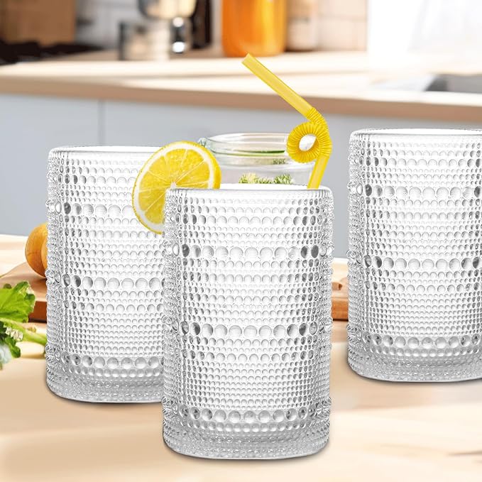 Set of 4 Hobnail Drinking Glasses, 15 oz, Vintage Jupiter Drinking Glasses,Embossed Old Fsahioned Glassware for Beer,Water,Juice,Cocktail,Whiskey,Gift (Clear, Large) - Image 7