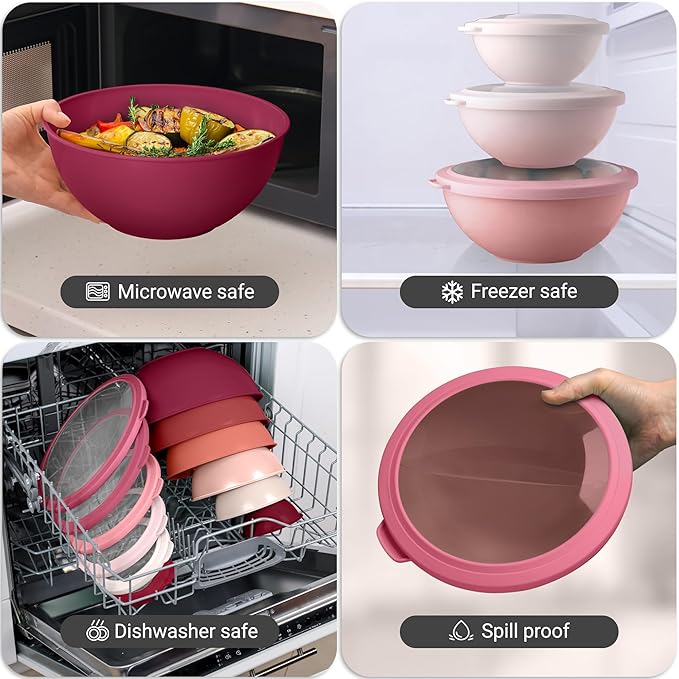 Zulay Kitchen 12 Piece Plastic Mixing Bowls with Lids Set - Leak-Proof Microwave & Freezer Safe Stackable Mixing Bowl Set for Preparing, Serving and Storing - Non-Slip Large Nesting Bowls (Red Ombre) - Image 7