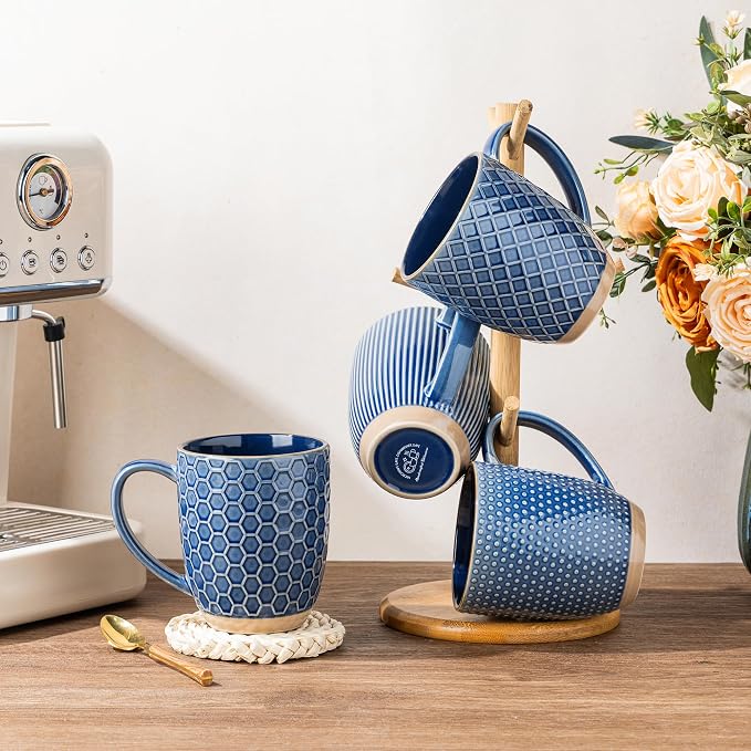 GBhome Large Coffee Mugs Set of 4, 16oz Handmade Embossed Coffee Mugs Set with Large Handle for Cappuccino/Latte/Tea/Hot Cocoa, Dishwasher & Microwave Safe, Blue - Image 8