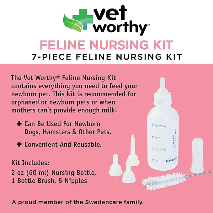 Vet Worthy 6-Piece Kitten Bottle Feeding Kit - Includes 1 Graduated Cat Nursing Feeder (2 Ounce), 5 Soft Nipples, and a Cleaning Brush - Reusable, Easy-to-Clean Newborn Kitten Feeding Bottle