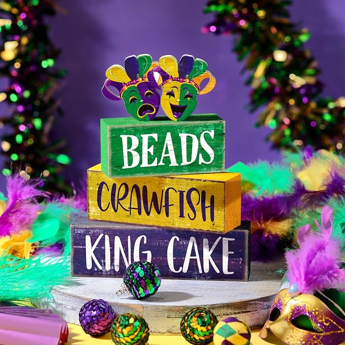 Moucuny 4 Pcs Mardi Gras Table Decorations Wooden Mask Decor Purple Golden Green Carnival Tiered Tray Decor Mardi Gras Centerpieces Decorative Masks Block Signs Gift for Masquerade Party Home Kitchen - Image 6