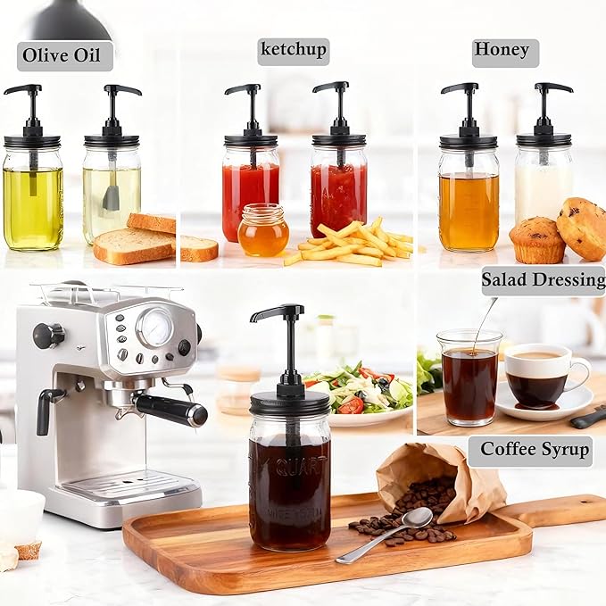32 oz Mason Syrup Sauce Honey Dispenser Pum Bottle 1 Quart Wide Mouth Glass Coffee Syrup Condiment Ketchup Container Food Grade Airtight & Leak-Proof