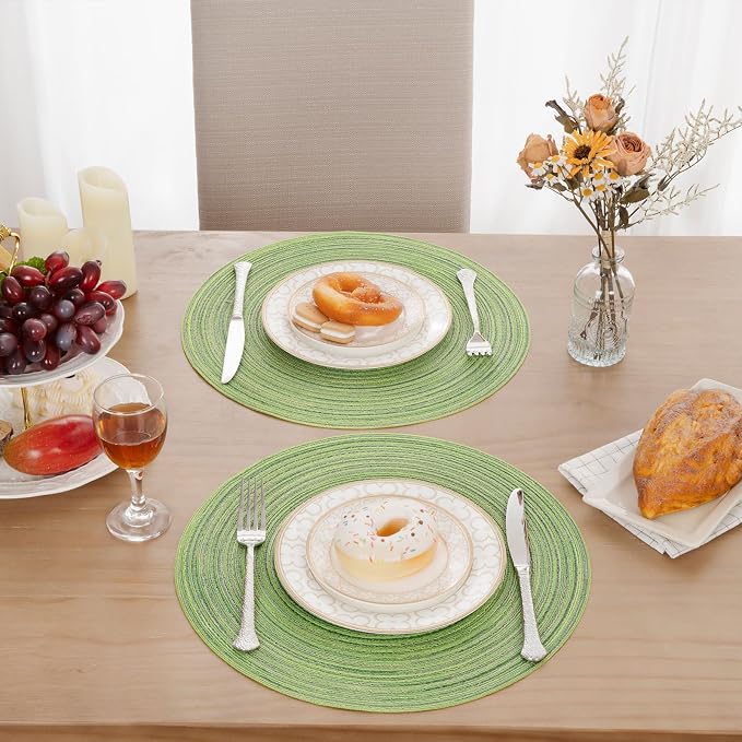 SHACOS Round Placemats Set of 4 Round Table Placemats Braided Cotton Place Mats 15 inch for Kitchen Dining Table Holiday Party (Mixed Color Pea Green, 4) - Image 9