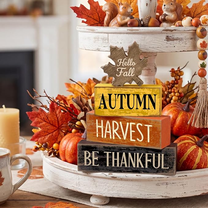 Moucuny 4 Pcs Fall Decor Wooden Maple Leaf Decoration Thanksgiving Tiered Tray Decor Rustic Wooden Maple Leaf Block Sign Thanksgiving Table Centerpiece Farmhouse for Autumn Harvest Party Kitchen Home - Image 7