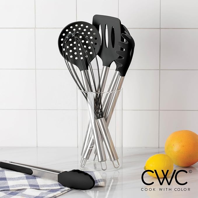 COOK WITH COLOR Silicone Cooking Utensils, Kitchen Utensil Set, Easy to Clean Silicone Kitchen Utensils, Cooking Utensils for Nonstick Cookware, Kitchen Gadgets Set, 10 Pieces, Black - Image 8