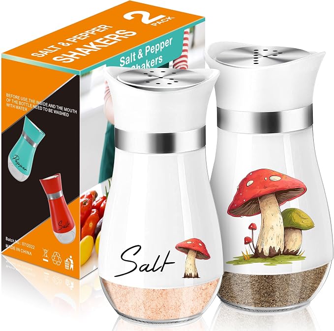 White Mushroom Salt and Pepper Shakers - Refillable Stainless Steel Set | Stainless Steel Shakers with Lids Are Easy to Refill and Bring Country Charm to Kitchen Counters, Tables and Dining Areas. by ARROZON