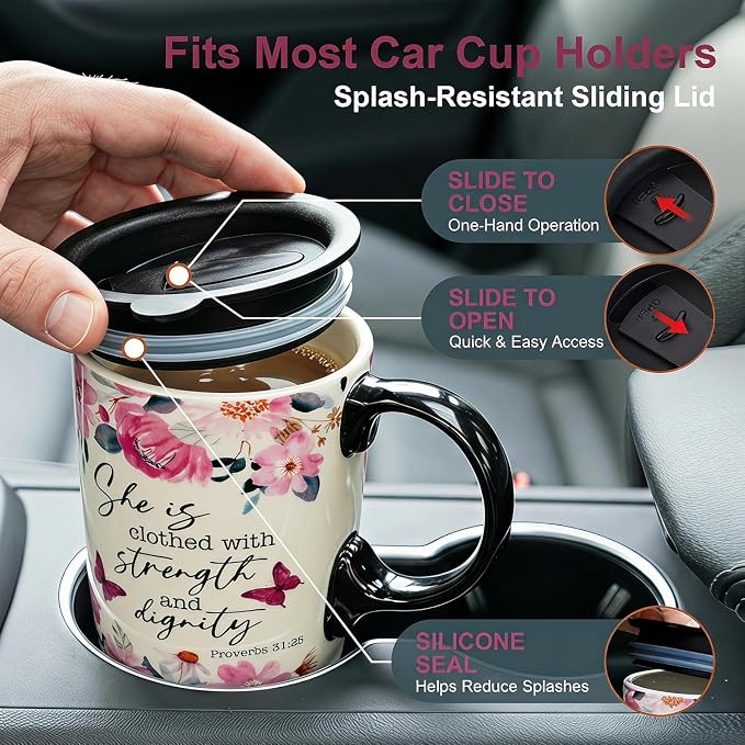 Topadorn 17oz Ceramic Travel Mug with Lid, Inspirational Floral Coffee Mug | Pink Ceramic Travel Cup with Handle for Women, Microwave & Dishwasher Safe, Gift Box Included - Image 7