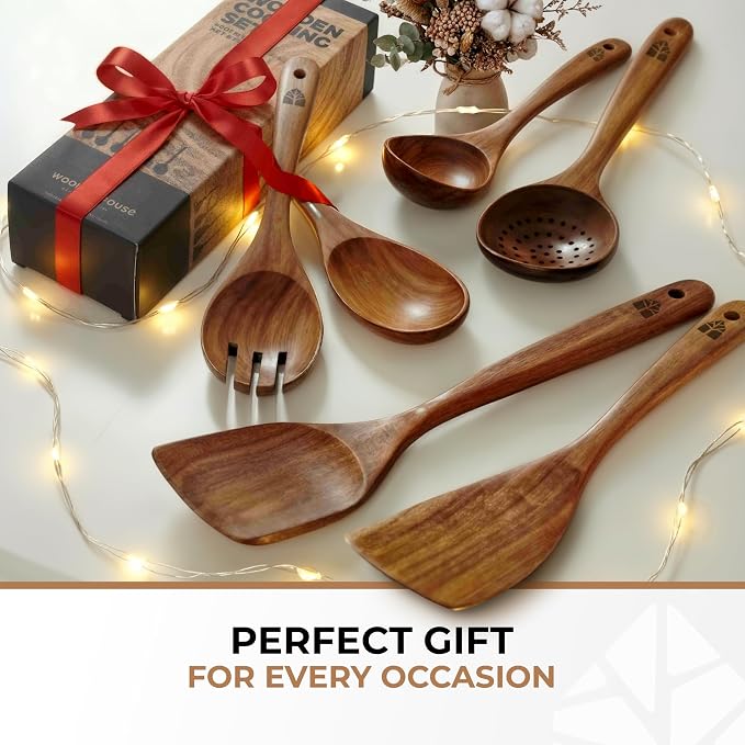 Wooden Spoons for Cooking – 6 Pcs Premium Teak Wooden Utensil Set | Durable, Nonstick Safe, Heat Resistant & Easy to Clean with Ergonomic Handles - Image 9