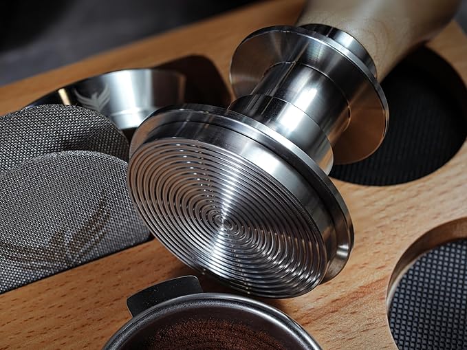 Spring Loaded 54mm Espresso Tamper Compatible With Breville Machines Maple Handle, Auto-Leveling Calibrated With Stainless Steel Ripple Base 30LB Coffee Tamper