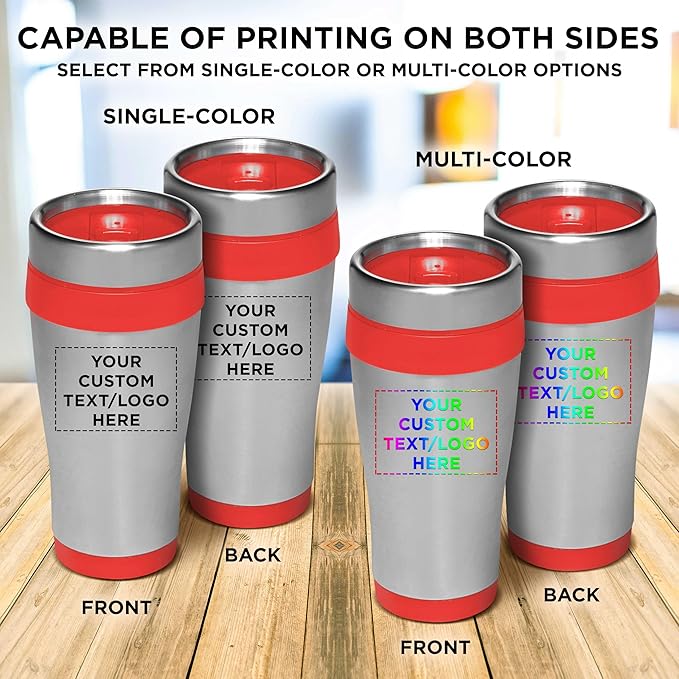 Custom Insulated Stainless Steel Travel Mugs 16 oz. Set of 10, Personalized Bulk Pack - Perfect for Coffee, Soda, Other Hot & Cold Beverages - Red