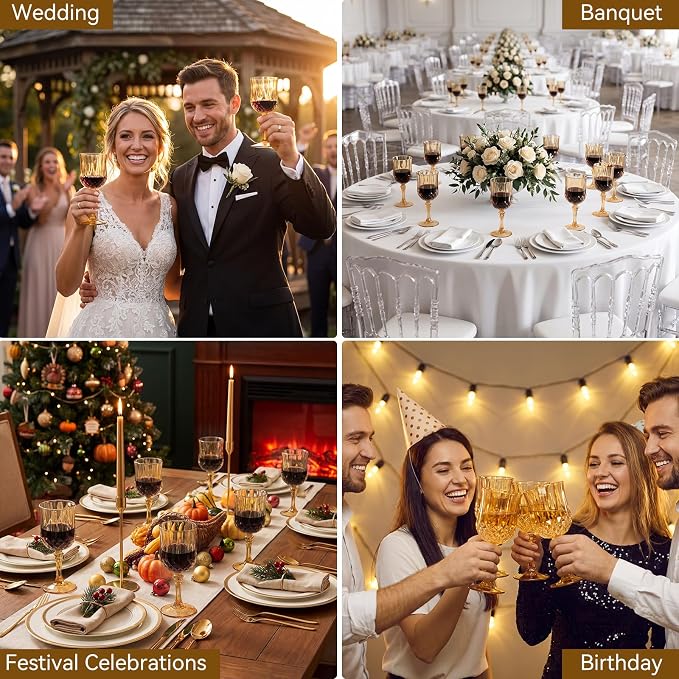 Sliner 48 Pcs 7oz Plastic Vintage Wine Glasses Drinking Goblets Unbreakable Crystal Water Glassware Reusable Diamond Champagne Flutes Cups for Wedding Banquet Birthday Party Supplies (Gold) - Image 6