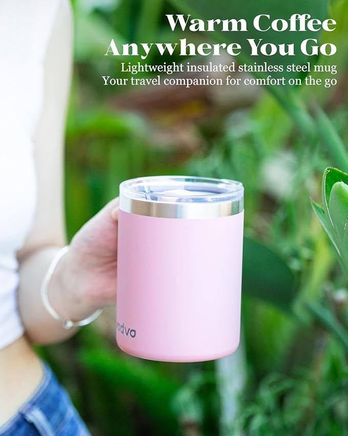 12oz Insulated Coffee Mug with Lid – Includes Two Lids, Stainless Steel Coffee Travel Mug with Handle, Double Wall Vacuum Insulated Camping Mug for Home, Office & Outdoor, Light Pink - Image 9
