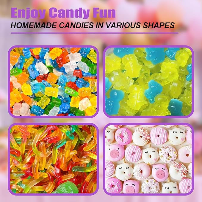 4 Pcs Silicone Gummy Candy Molds Kit with 2 Droppers | Non-Stick Large Bear/Dinosaur/Donut/gummy worm 200+ Cavities | BPA Free Chocolate Jello Molds for Kids, DIY Baking & Party Favors