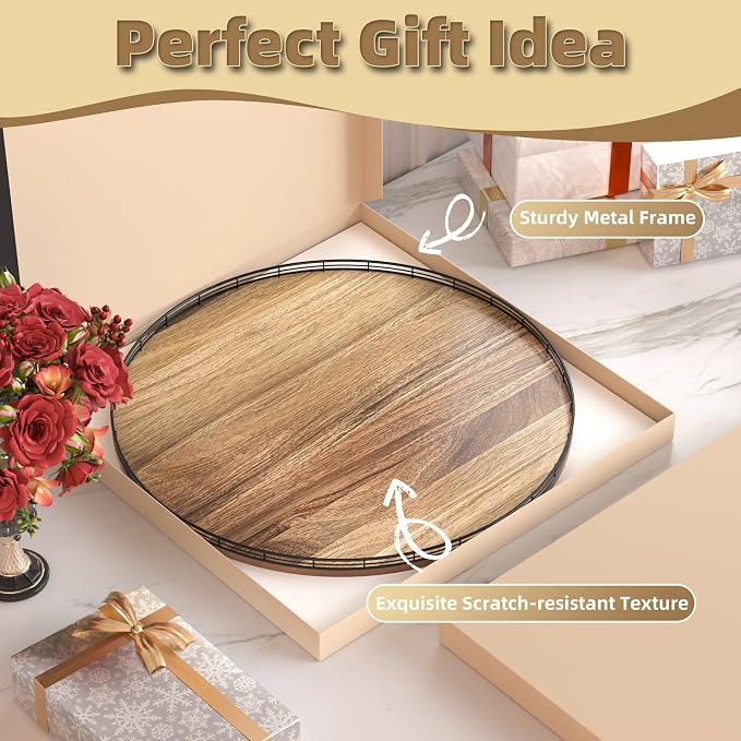 24 Inch Lazy Susan Turntable, Heavy Duty Acacia Wood Round Tray for Kitchen | Easy 360 Degree Spin; Raised Iron Rim; 3 Anti Slip Pads; No Assembly; Farmhouse Decor; Pantry, Cabinet, Gift Box - Image 7