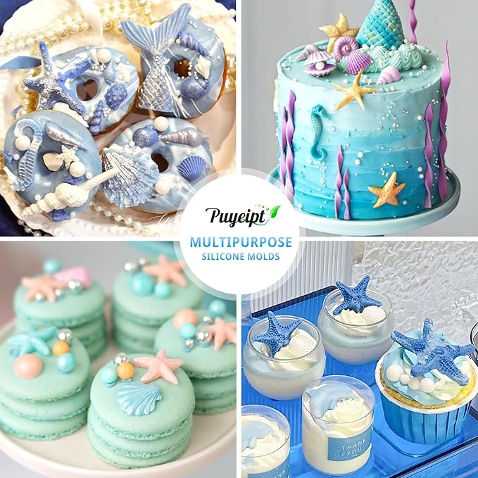 3 Pcs Marine Silicone Fondant Molds, Seashell Conch Starfish Chocolate Candy Molds for Cupcake Topper, Cake Pop Decoration and Clay Craft Making