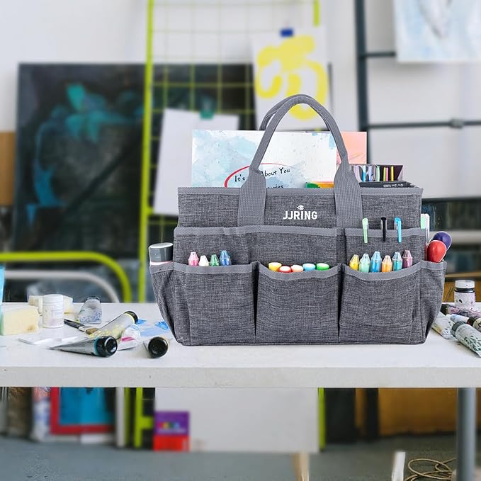 JJRING Craft Tote Bag Organizer for Art Storage, Grey Art Tote Organization with Multiple Pockets, Art Sewing Supply Bag for Scrapbooking, Medical, and Office Supplies Storage