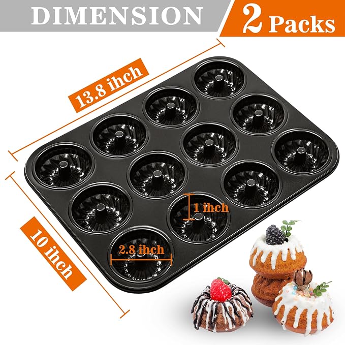 Webake 2 Pack Mini Fluted Tube Cake Pan, Non-Stick 2.8 Inch Cake Pans, Heavy Gauge Carbon Steel 12-Cavity - Image 7