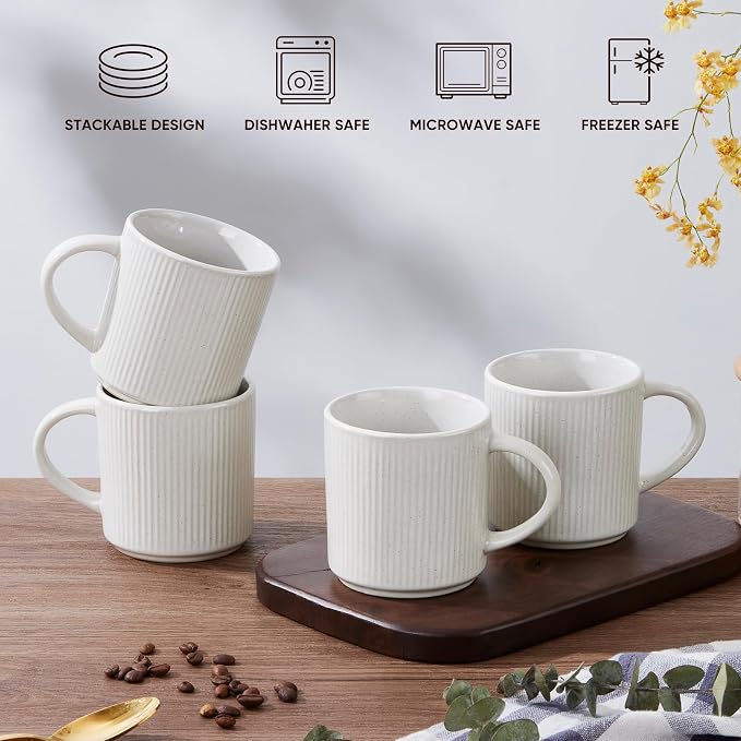 E-far Coffee Mugs Set of 4, 12 oz Stoneware Coffee Cups with Handle for Latte, Tea, Cocoa, Milk, Modern Ribbed Ceramic Mugs for Man Woman, Microwave & Dishwasher Safe, Speckled White - Image 8