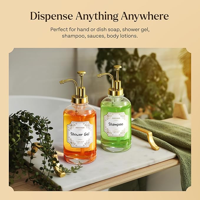 Glass Coffee Syrup Dispenser for Coffee Bar - Set of 4 Gold 500 ml / 16.9 oz Glass Syrup Bottles, Includes 2 Bamboo Trays, 16 Stencils, Labels, Coffee Bar Accessories