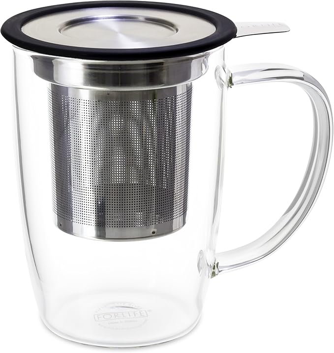 FORLIFE NewLeaf Glass Tea 16-Ounce Mug with Infuser and Lid, Black