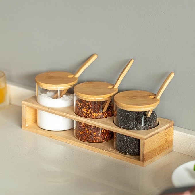 Basicwise 3-Piece Glass Containers with Bamboo Lids and Tray Holder – Decorative Storage for Condiment Pots and Spice Jars - Coffee Station Accessories, Perfect Organizer for Home Kitchen or Café - Image 9