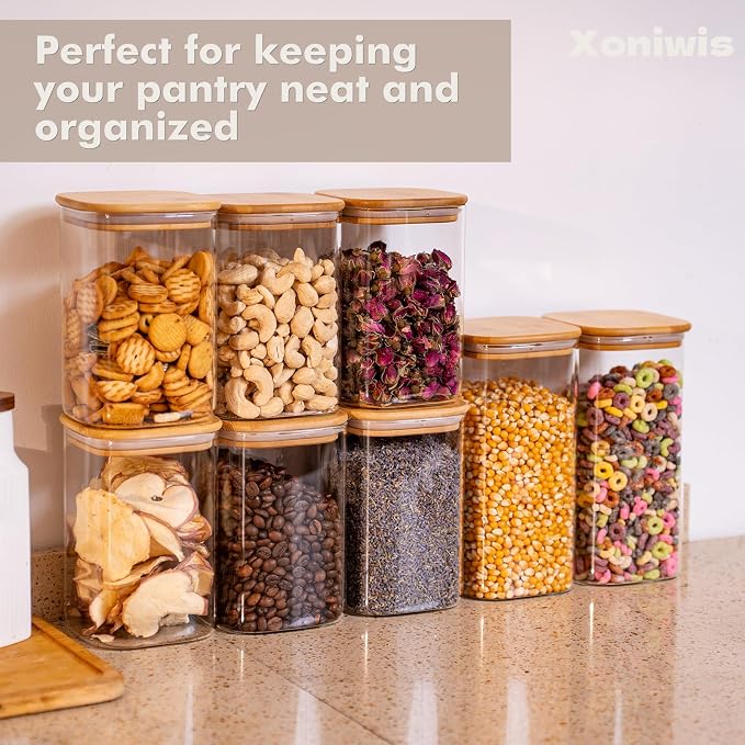 6-Pack 1.2Qt Square Glass Storage Jars with Bamboo Lids | Minimalist Kitchen Organizer,Pantry Storage Container,Food Storage Container,Scandinavian Style Storage,Nordic Style Storage - Image 9