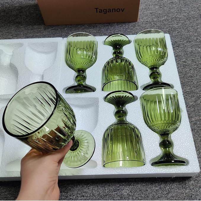 Taganov Green Water Glasses Drinking Wine Goblet set of 6 Vintage Glassware Colored Stemware 11 ounce for Wedding Party Bar Vertical Embossed Pattern Stemmed Cups 330 ml - Image 9