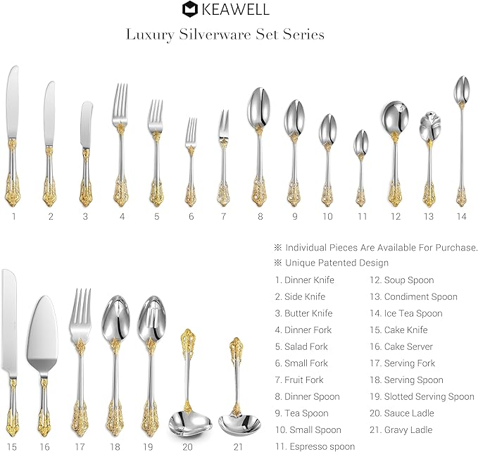 KEAWELL Luxury 7" Tea Spoon, Set of 4, 18/10 Stainless Steel, Sturdy Dessert Spoon, Gorgeous Design with Exceptional Mirror Polished Finish (Gold Accent)