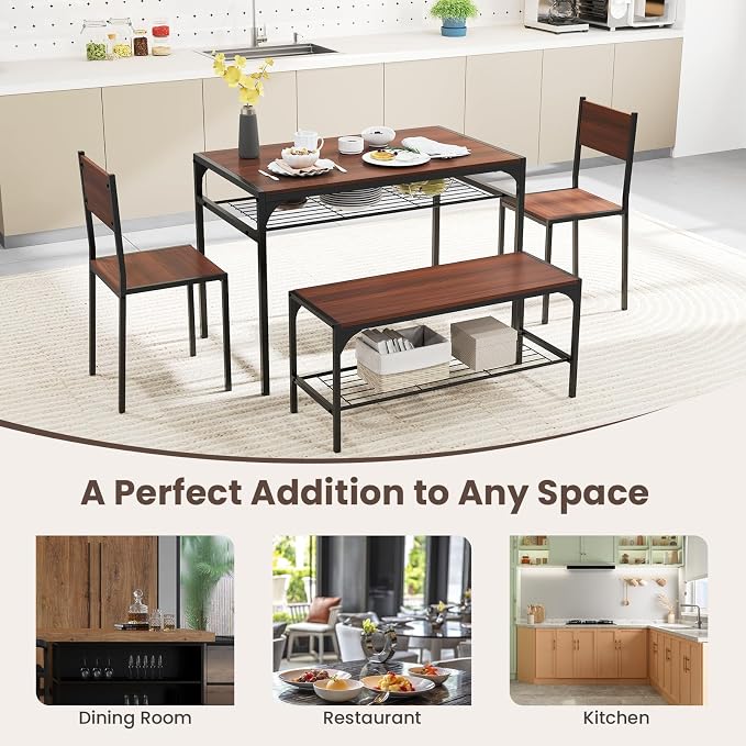 Giantex Dining Table Set for 4, Kitchen Table with Chairs & Bench, Storage Racks, Metal Frame, 4-Piece Space-Saving Dinette Set for Dining Room, Breakfast Nook, Small Space, Apartment, Walnut - Image 9